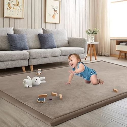 Baby Play Mat for Floor Nursery Rug Muscle Mat Area Rug Playroom Rug 59"x59" Playpen Mat Elastic Foam 1.3" Thick Crawling Mat for Babies,Toddlers, Infants, Kids,Camel