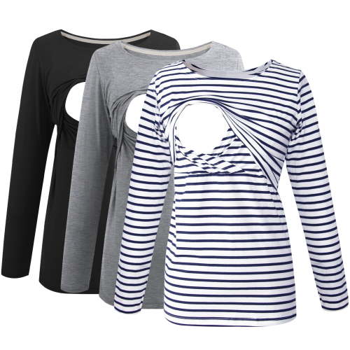 Women's Long Sleeve Maternity Nursing Tops Shirts Breastfeeding Clothes 3-Pack