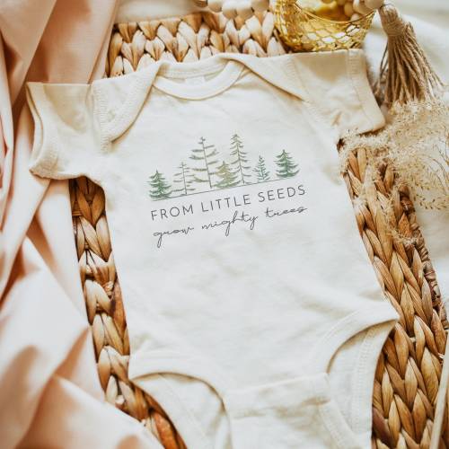 TIMBER Pine Tree Baby One Piece Jumper, From Little Seeds Grow Mighty Trees, Rustic Baby Outfit, Outdoor Baby Shower Gift Watercolor Pines