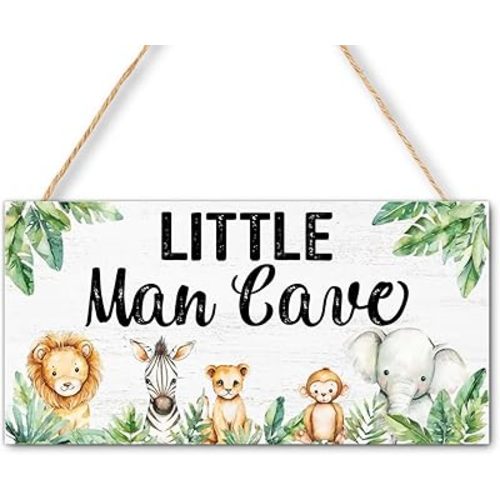 Jungle Safari Animal Little Man Cave Sign for Boys, Woodland Wood Hanging Sign for Playroom Bedroom Nursery