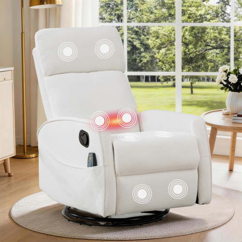Rocker Recliner with Massage and Heat, Legahome Velvet 360°Swivel Rocking Recliner, Small Rocker Recliner with Side Pockets for Small Space, Rocking Chair for Nursery Home Theater, Beige