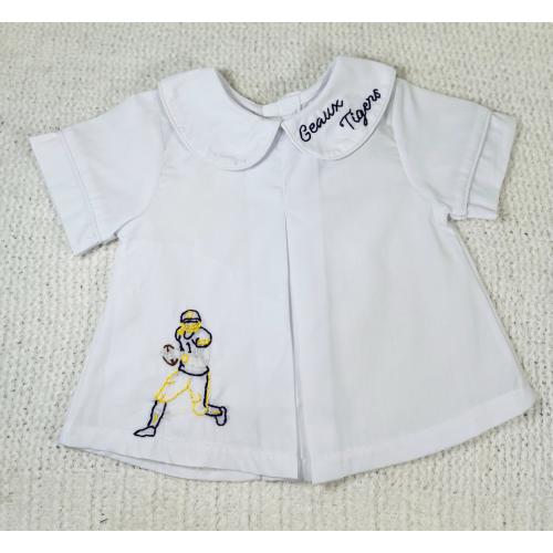 hand embroidered lsu football Peter Pan collar diaper set shirt baby boy Geaux tigers purple and gold pleated embroidery football season