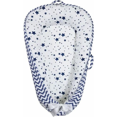 Baby Nest, Baby Lounger, Organic Cotton Lounger for Baby, Reversible Breathable Adjustable Portable - Star Collection (Blue)
