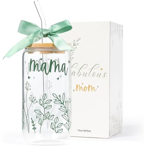 Gifts for Mom-Bow Mama Glass Cup with Lids and Straws Cute Aesthetic Iced Coffee Cup Smoothie Tumbler Gift for Mothers Day Christmas New Mom to be Personalized Birthday Presents for Women 16oz