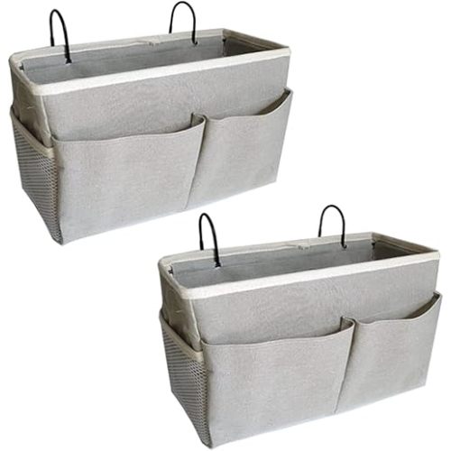 2-Pack Bedside Caddy, Bedside Hanging Storage Organizer for College Dorm Beds, Bunk Beds and Hospital Beds Rails, The Hanging Basket Can be Placed Magazine, Books, Phones,kettle, Glasses (Grey)