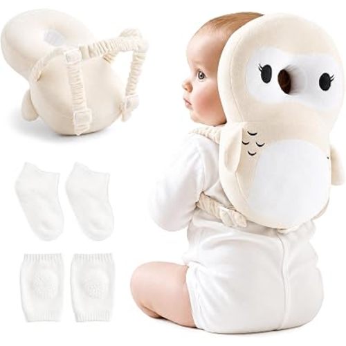 Fortella Baby Head Protector Backpack with Socks and Knee Pads - Adjustable Safety Pillow for Crawling Toddlers 5-12 Months, Soft Cushioned Support, Infant Travel Essentials Gift for Boys Girls (Owl)