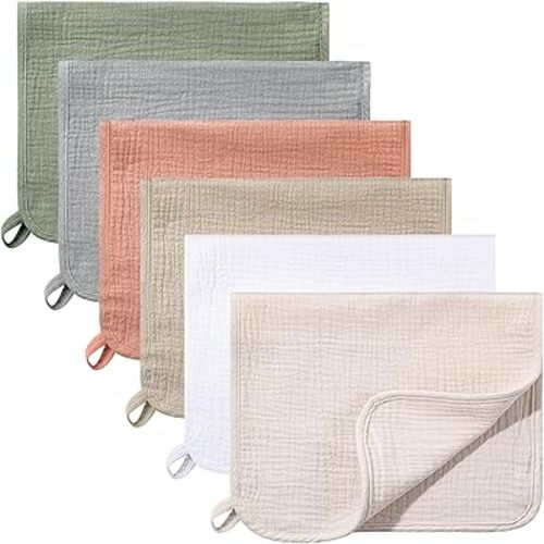 Hicarer 6 Pcs Muslin Burp Cloths Pure Cotton Baby Burping Rags Large 20''x10'' 6 Layers Extra Soft and Absorbent Neutral Multicolor Muslin Washcloths for Boys and Girls(Mixed Colors Series)