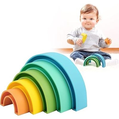 MCGMITT Rainbow Stacking Toy, Silicone Rainbow Stacker for Toddlers, Montessori Nesting Puzzle Blocks, Building Creative Color Shape Matching Toy Set, Early Development Gift for Kids Boy Girl (Blue)