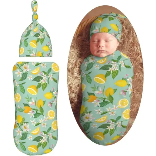 Flowers with Lemon Newborn Swaddle Blankets Hat Sets Soft Baby Receiving Blanket Swaddle Sack for Baby Shower Infant Boy Girl Gift