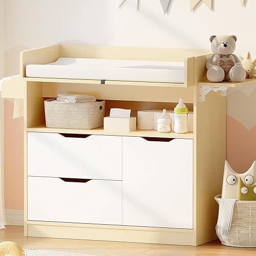 Baby Changing Table Dresser with 3 Drawers and 1 Storage Shelves, Can be Used as a Baby Dresser with Pad, a Changing Table with Drawers (Light Wooden and White)