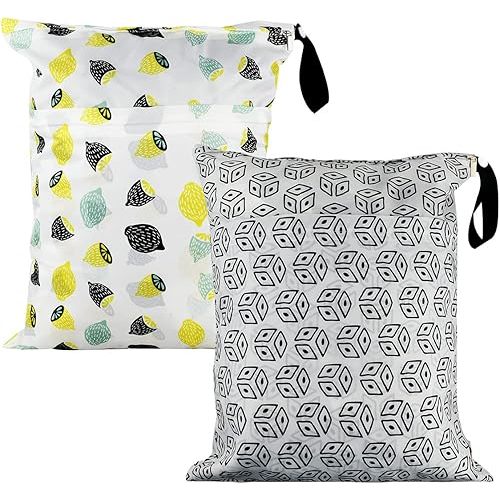 2Pcs Waterproof Reusable Wet & Dry Bag for Baby Cloth Diaper Gym Clothes Travel Bags Washable Beach Pool Swimsuits Pockets with Two Zippered Dirty Diapers Stroller Yoga Toiletries Daycare Organizer