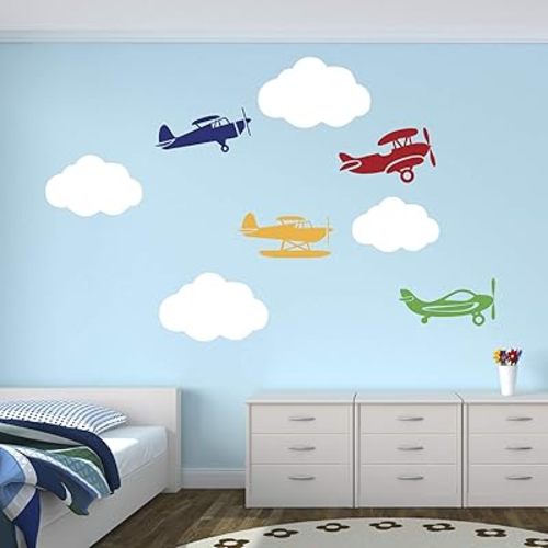 Airplanes with Clouds Wall Decal - Airplane Decal Clouds Decal - Nursery Wall Decal - Kids Boys Room Decor Vinyl Wall Decal (Medium)