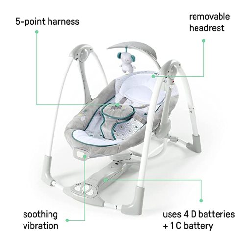 Ingenuity ConvertMe 2-in-1 Compact Portable Automatic Baby Swing & Infant Seat, Battery-Powered Vibrations, Nature Sounds, 0-9 Months 6-20 lbs- Nash