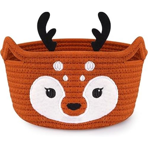Christmas Reindeer Basket - Storage Basket for Nursery Holiday Decor, Small Woven Rope Cotton Gift Basket for Christmas, Animal Blanket Towel Decor for Candy,Gift Storage Bins, 8.2"D x 4.7"H