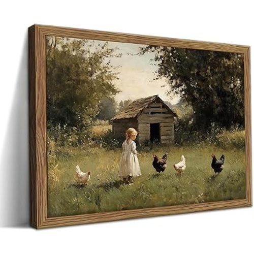 Vintage Country Framed Wall Art, Little Girl and Chick Canvas Prints, Rustic Landscape Picture Painting, Pastoral Farmhouse Wall Decor for Living Room Bedroom – Dark Wooden Frame 8x10in