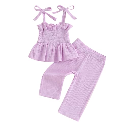 VISGOGO Infant Baby Toddler Girls Clothes Solid Color Sleeveless Camisole Linen Pants Set Baby Summer Outfits