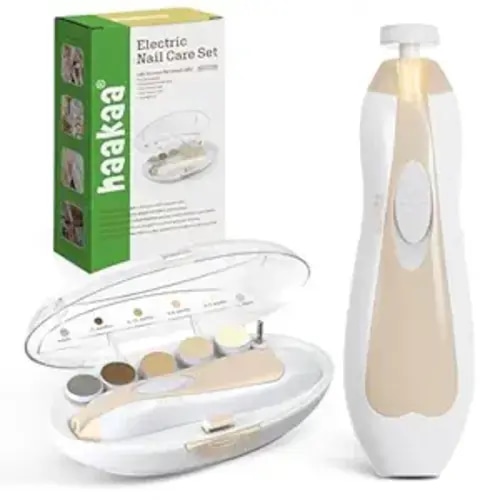 haakaa Baby Nail Care Electric Baby Nail File Kit with LED Light, Baby Nail Clippers for Newborn/Infants/Adults Toenails and Fingernails, 6 Replacement Heads & Storage Case, Acorn