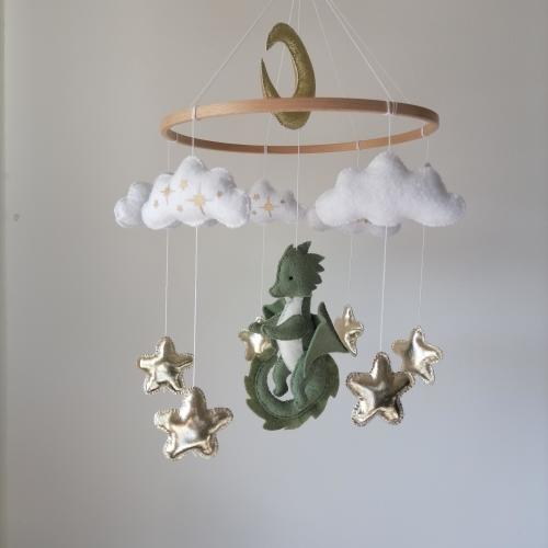 Dragon Baby Mobile,Felt Gold Sars Clouds Nursery Mobile,Fantasy Dragon Hanging Mobile,Baby Shower Gift,Baby Nursery Hanging Plush Toy
