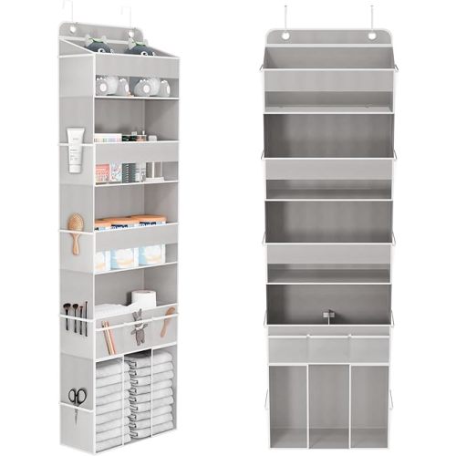 Over The Door Organizer, 5 Tiers Hanging Nursery Storage Closet Organizer with Movable Shelf, Large Capacity Caddy, 10 Side Pockets, Back of Door for Bedroom Bathroom Dorm Decor, Grey
