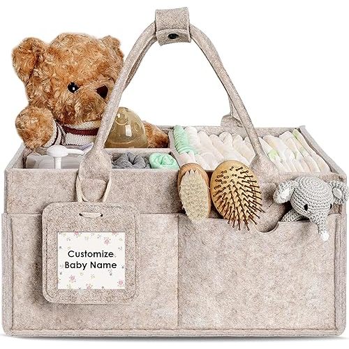 GEMII Diaper Caddy Organizer - Large Baby Caddy Organizer with Handle for Newborn Essentials Boy or Girl, Portable Diaper Storage Basket Bin for car diaper caddy, Baby Shower Gifts (Oatmeal, Large)