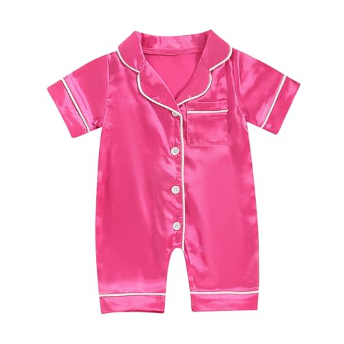 Multitrust Newborn Baby Girl Boy Silk Pajamas Rompers Button Down Short Sleeve Satin Infant Pjs One Piece Jumpsuit Shorts
