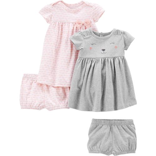 Simple Joys by Carter's Girls' Short-Sleeve and Sleeveless Dress Sets, Pack of 2 - 3-6 Months - Pink Elephants/Grey Bear