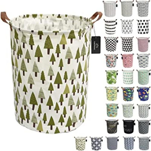 laundry baskets,bedroom hamper,kitchen organization,GodenMoninG 62.8L Waterproof Round Cotton Linen Collapsible storage basket. (Pine Tree)