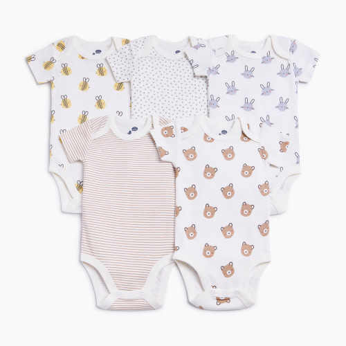 Small Story 5 Pack Printed Short Sleeve Bodysuits - Baby Animals, 0-3 M