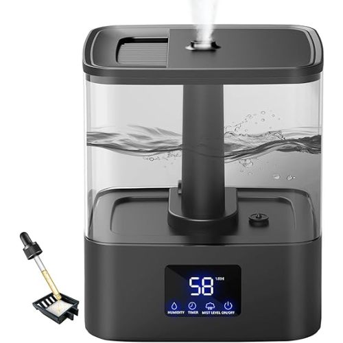 6L Top Fill Humidifiers for Bedroom & 60H Runtime - Cool Mist Humidifier, 3 Mist Levels, 8H Timer, Essential Oil Tray, Humidity Display, Quiet for Bedroom, Baby, Plants, Large Room