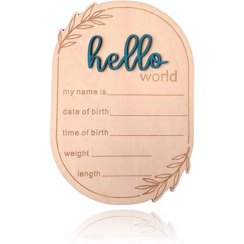 Baby Announcement Sign, 5.91x4.13 Inch Hello World Newborn Sign, Baby Announcement, Hello World Plaque, Newborn Name for Hospital, Ear of Wheat Personalized Name Plaque (Blue)