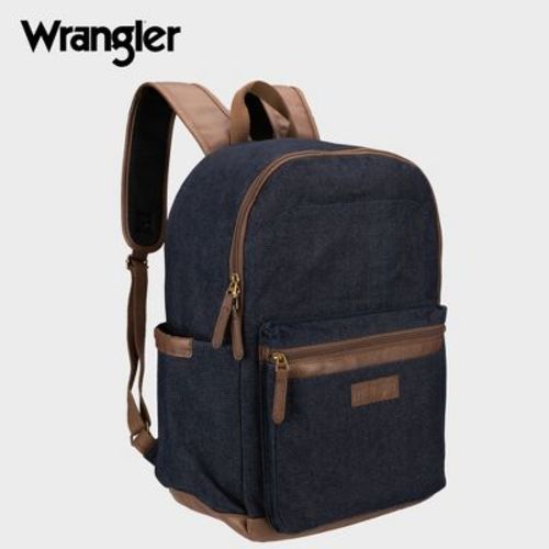 Wrangler Powell Denim Backpack for Mens Womens Kids, Classic Logo Water Resistant Casual Daypack for Travel with Padded Laptop Notebook Sleeve (Denim)