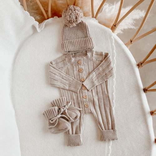 Ribbed Knit Romper & Beanie Bundle - Fawn