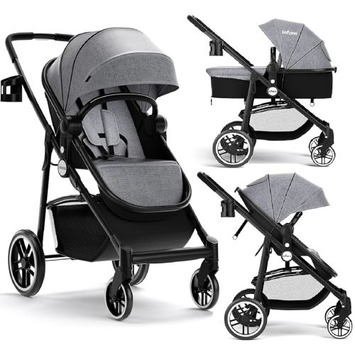INFANS 2 in 1 Baby Stroller, High Landscape Infant Stroller & Reversible Bassinet Pram, Foldable Pushchair with Adjustable Canopy, Cup Holder, Storage Basket, Suspension Wheels (Grey)