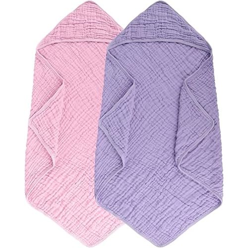 Synrroe 2 Pack Hooded Muslin Cotton Baby Towels, 32x32Inch, Pink & Purple