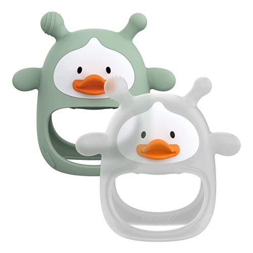 【2 Packs】 Teething Toys for Babies 0-6 Months, Never Drop Silicone Baby Teether, Hand Pacifier for Sucking Babies, Soothing Pain Relief, Best Chew Toy for Teething Baby, Teething Mitten for New Born - Green+ Transparent