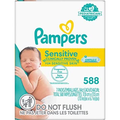 Pampers Sensitive Baby Wipes - Refill Packs, 588 Count, Water Based, Hypoallergenic and Unscented (Packaging May Vary)