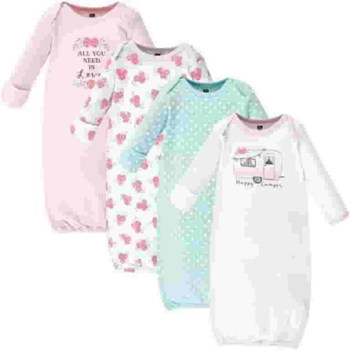 Hudson Baby Infant Girl Cotton Long-Sleeve Gowns 4pk, Pink Happy Camper, 0-6 Months