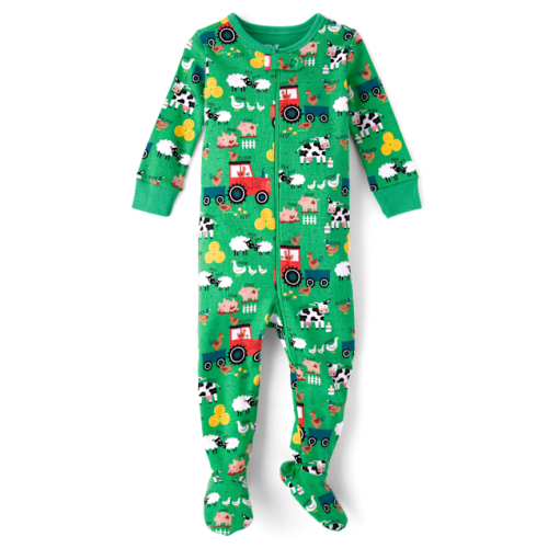 Baby And Toddler Farm Animal Snug Fit Cotton Footed One Piece Pajamas - Green