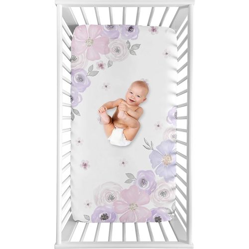 Sweet Jojo Designs Shabby Chic Floral Girl Fitted Crib Sheet Baby or Toddler Bed Nursery Photo Op - Lavender Purple, Pink and Grey Watercolor Rose Flower