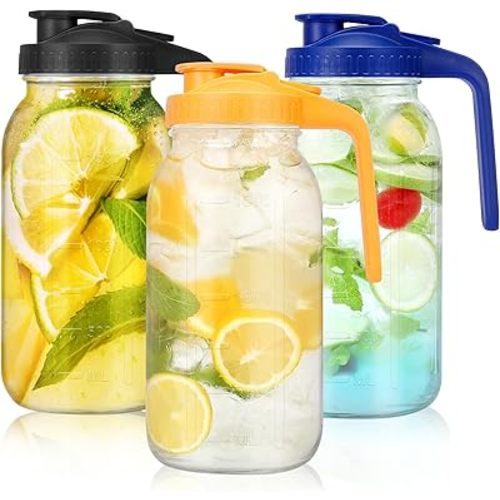3 Pack 64 oz Wide Mouth Mason Jar Pitchers with Airtight Lids – Leak-Proof Glass Sun Tea Pitchers with Handle for Juices, Milk, Drinks, and Iced Coffee