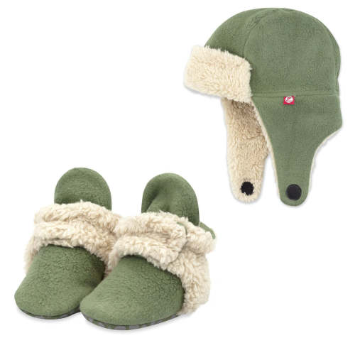 Olive Green Cozie Furry Trapper Hat and Booties Set | Zutano