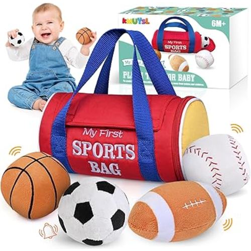 KMUYSL Baby Toys 0-12 Months, My First Sports Bag Plush Toy - 4 Sensory Balls Soft Toys with Crinkle, Rattles for 0-3-6-9-12 Month Newborn Infant, 1st Birthday for Babies Boys Girls Age 1+