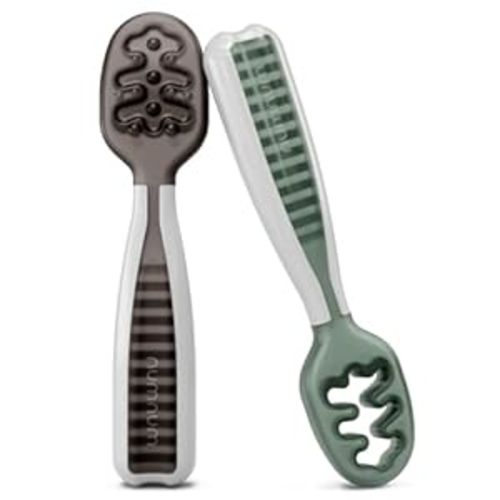 Amazon.com: NumNum Baby Spoons Set, Pre-Spoon GOOtensils for Kids Aged 6+ Months - First Stage, Baby Led Weaning (BLW) Teething Spoon - Self Feeding, Silicone Toddler Food Utensils - 2 Spoons, Gray/Green : Baby