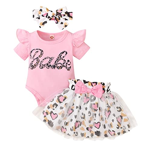 MIEKISA Baby Girls Romper and Leopard Mesh Dress Sets With Headband