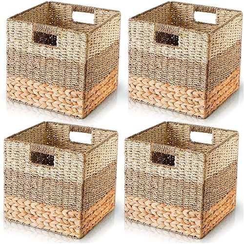 13x13 Storage Cube Bins, Wicker Storage Basket for Cube Shelf, Natural Foldable Cube Storage Bin, Cube Storage Baskets, Large Woven Baskets, Square Wicker Baskets for Organizing Set of 4