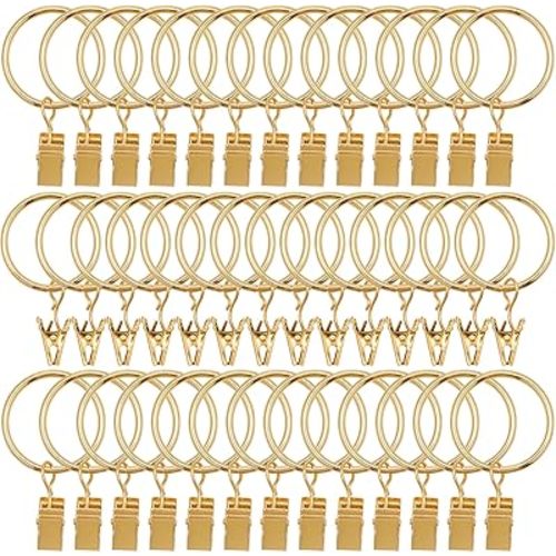 40 Pack Metal Curtain Rings with Clips, Drapery Clips with Rings, Curtain Hangers Clips, Drapes Rings 1.26 inch Interior Diameter, Golden