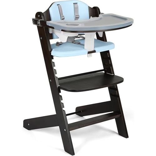 Cowiewie Natural BrownishWooden High Chair for Babies & Toddlers 3-Tier Remove Adjustable Tray and Highchair with Cushions, Easy to Clean, Portable(Blue)