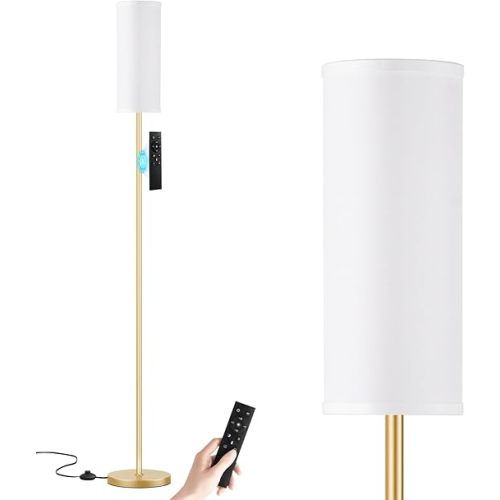 Ambimall 64'' Floor Lamps for Living Room with Remote Control and Stepless Dimmable Colors Temperature & Brightness, 9W Bulb Included(White Lampshade & Gold Pole)