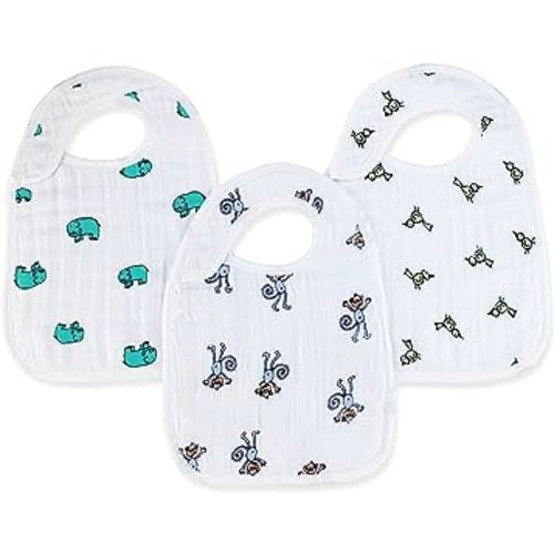 aden + anais Snap Bib; 100% Cotton Muslin; Soft Absorbent 3 Layers; Adjustable; 9'' X 13''; 3 Pack; Jungle Jam; Elephants and Monkeys
