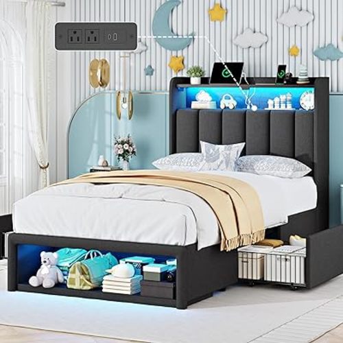 ChicZhiNest Twin Bed Frame with 2 Storage Drawers, LED Headboard with Charging Station, Upholstered Twin Bed Frame for Kids with Wooden Slats &Footboard Cubbies, No Box Spring Needed, Noise Free, Grey